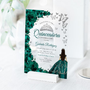 Invitations En Acrylique Roses Vert Émeraude Aquarelle Quinceanera Argent