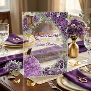 Invitations En Acrylique Roses Violettes Occidentales Pays Doré Quinceañera
