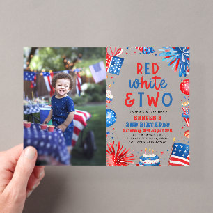 Invitations En Acrylique Rouge, Blanc & Deux 4 juillet 2e Photo Anniversair