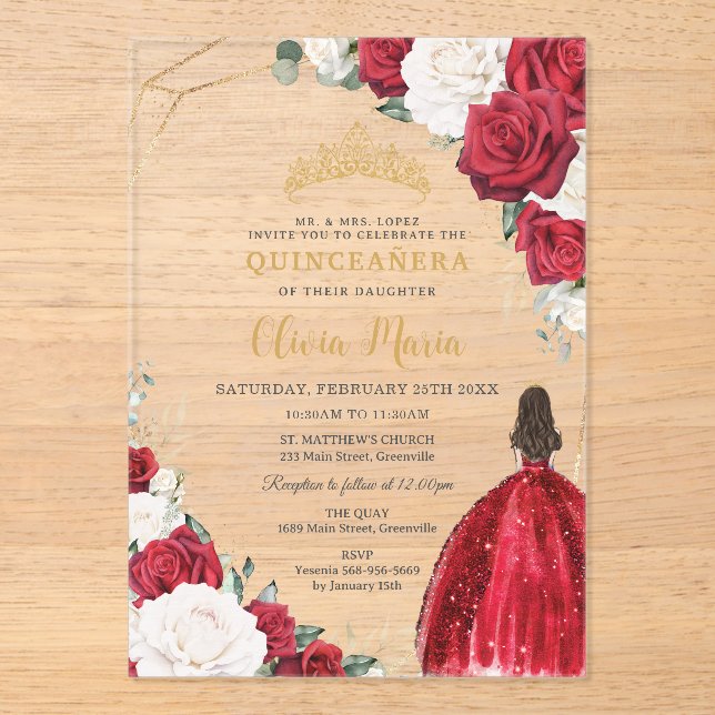 Invitations En Acrylique Rouge Blanc Floral Princesse Robe Or Quinceañera (Recto)