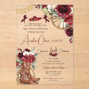 Invitations En Acrylique Rouge Bourgogne Floral Charro Quinceanera Ouest