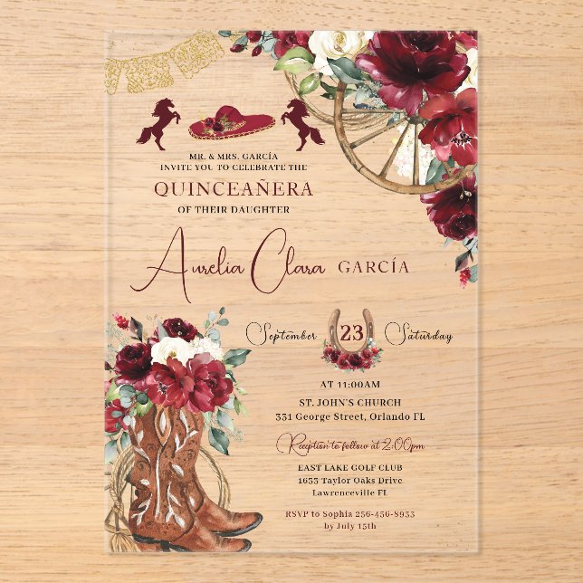 Invitations En Acrylique Rouge Bourgogne Floral Charro Quinceanera Ouest (Recto)