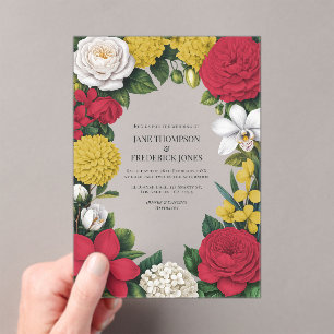 Invitations En Acrylique Rouge Cerise, Blanc & Or Mariage Floral