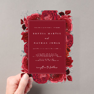 Invitations En Acrylique Rouge Et Argent Élégante Rose Claire Mariage