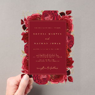 Invitations En Acrylique Rouge Et Or Élégante Rose Claire Mariage