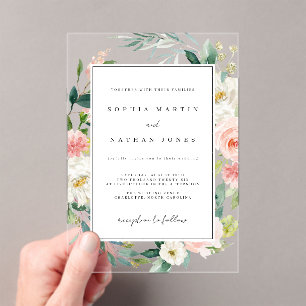 Invitations En Acrylique Rouge Floral Feuille Vert Moderne Clair Mariage