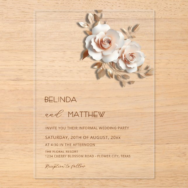 Invitations En Acrylique Rouge  Or Rose 3D Fleurs Simple (Recto)