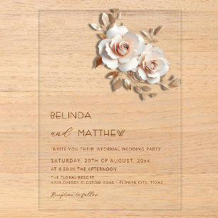 Invitations En Acrylique Rouge Or Rose 3D Fleurs Simple