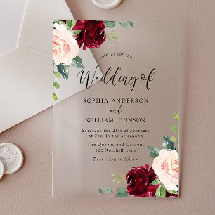 Invitations En Acrylique Rouge Parfait : Mariage Floral Aquarelle