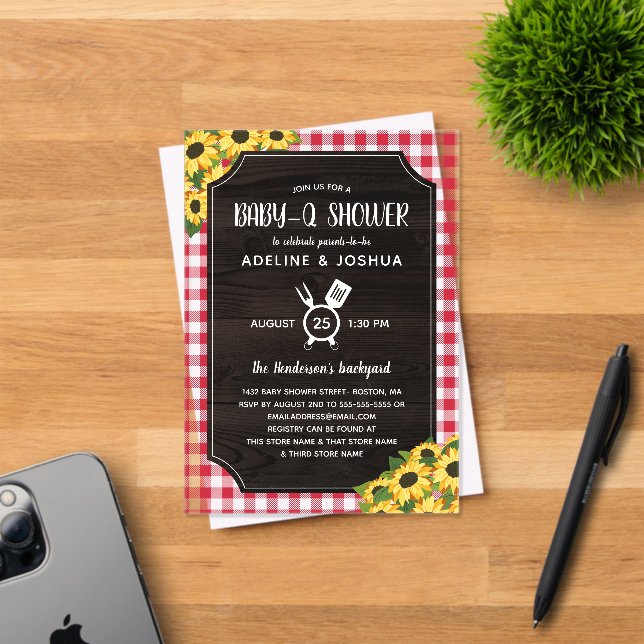 Invitations En Acrylique Rouge rustique En vichy tournesol Baby-Q douche (Insitu (Carte d'invitation))