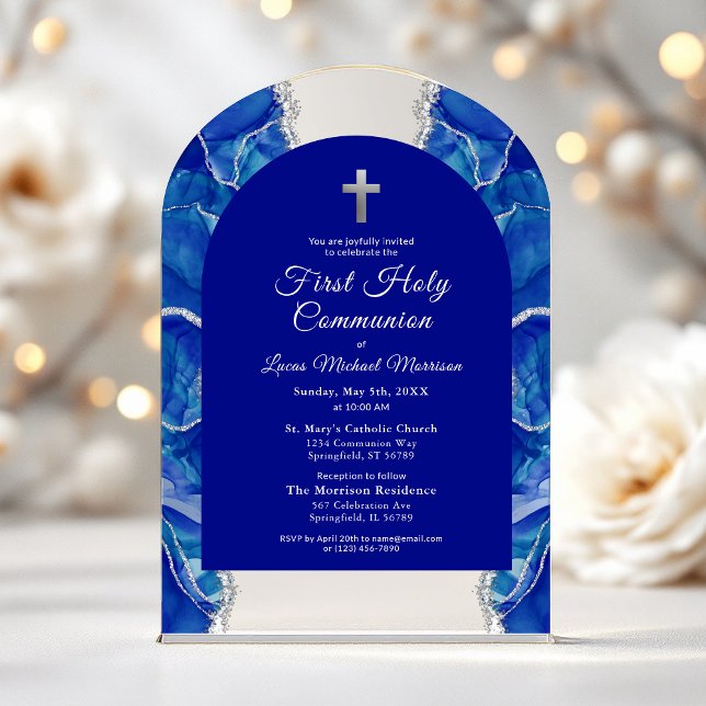 Invitations En Acrylique Royal Bleu Argent Première Communion Sainte Élégan (Créateur téléchargé)