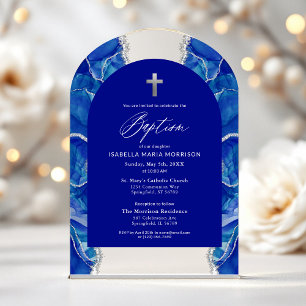 Invitations En Acrylique Royal Blue Argent Agate Baptême moderne Élégant