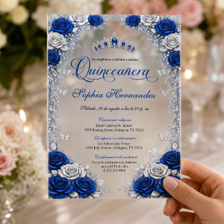 Invitations En Acrylique Royal Blue et floral argenté pour une Quinceañera