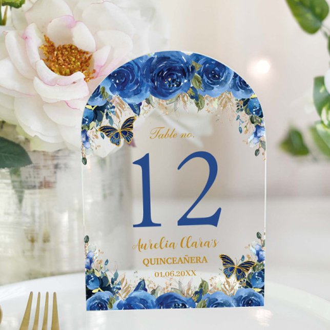 Invitations En Acrylique Royal Blue Floral Gold Quinceañera 16 Numéro de ta (royal-blue-floral-gold-butterflies-Quinceañera-quince-sweet-16-birthday-arch-acrylic-table-number)