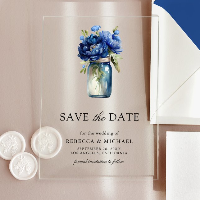 Invitations En Acrylique Royal Blue Floral Mason Jar Mariage Enregistrer la (Créateur téléchargé)