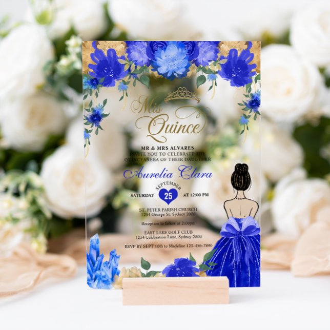 Invitations En Acrylique Royal Blue Floral Princess Mis Quince Quinceañera (Créateur téléchargé)