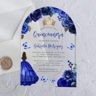 Invitations En Acrylique Royal Blue Floral Rose Aquarelle Quinceañera
