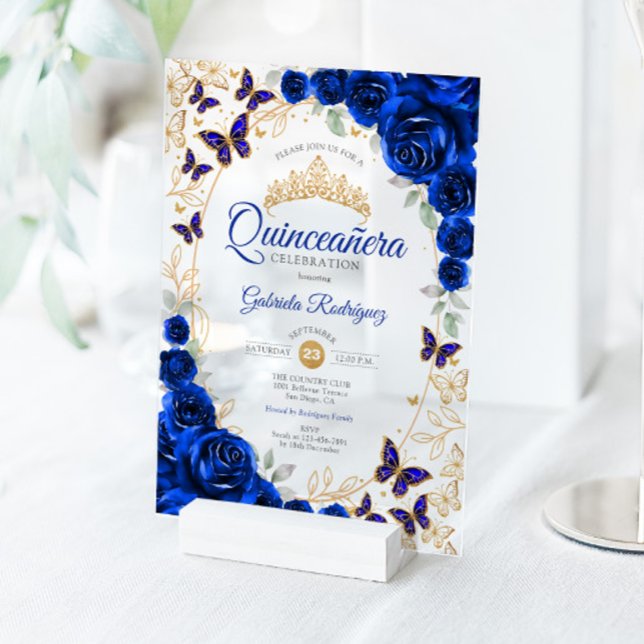 Invitations En Acrylique Royal Blue Gold Floral Quinceanera (Créateur téléchargé)