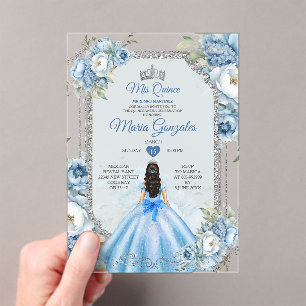 Invitations En Acrylique Royal Blue Princess Floral Silver Crown Mis Quince