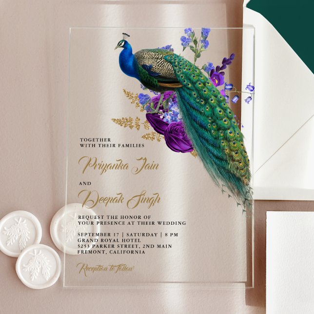 Invitations En Acrylique Royal Blue Purple Floral Indian Peacock Wedding (Créateur téléchargé)