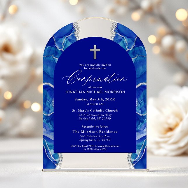 Invitations En Acrylique Royal Blue Silver Agate Confirmation Élégante (Créateur téléchargé)