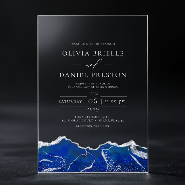 Invitations En Acrylique Royal Blue Silver Agate Élégant Mariage moderne (Créateur téléchargé)