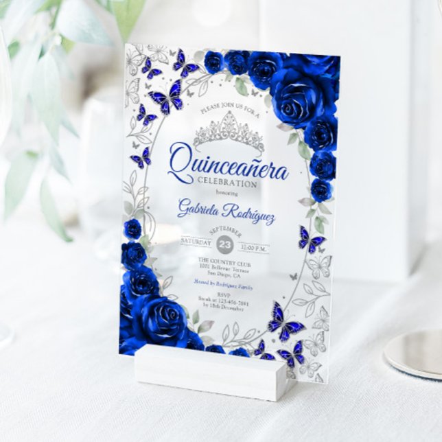 Invitations En Acrylique Royal Blue Silver Floral Quinceanera (Créateur téléchargé)