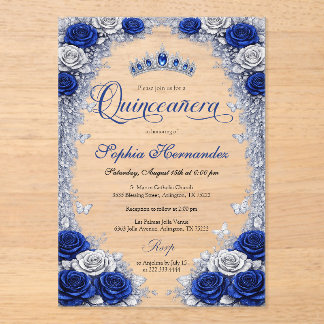 Invitations En Acrylique Royal Blue & Silver Quinceanera