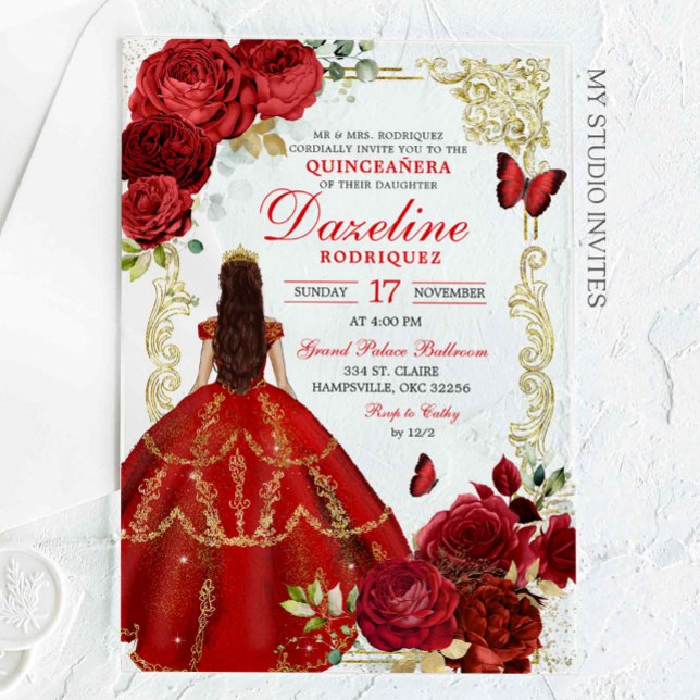 Invitations En Acrylique Royal Red et Gold Princessa Quinceañera (Créateur téléchargé)