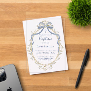 Invitations En Acrylique ruban bleu élégant cadre beige Baptême