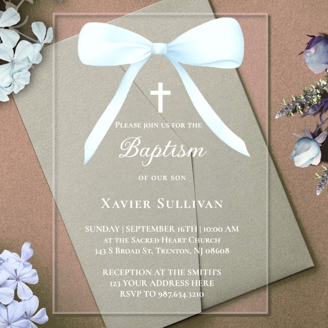 Invitations En Acrylique ruban bleu pastel | Baptême (Créateur téléchargé)