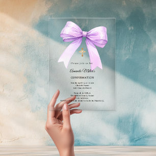 Invitations En Acrylique Ruban lavande crème pour fille Confirmation claire