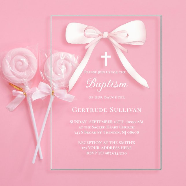 Invitations En Acrylique Ruban rose | Baptême (Créateur téléchargé)