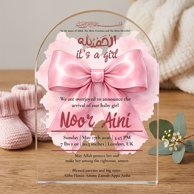 Invitations En Acrylique ruban rose bébé fille musulmane naissance arrivée  (Créateur téléchargé)