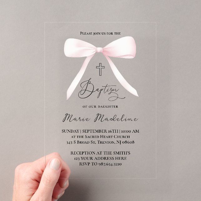Invitations En Acrylique ruban rose pastel | Baptême (In situ (ordinateur de poche))