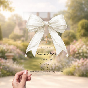 Invitations En Acrylique Rubans Crème Perles Fille Élégant Baptême