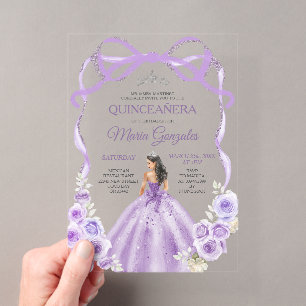 Invitations En Acrylique Rubans de nœud floral violet poussiéreux Mis Quinc