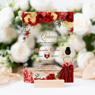 Invitations En Acrylique Ruby Red Floral Princesse Mis Quince Quinceañera