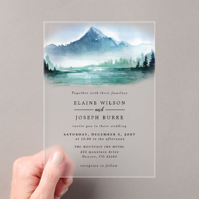 Invitations En Acrylique Russe Aquarelle Pine Mountains Lac Mariage (In situ (ordinateur de poche))