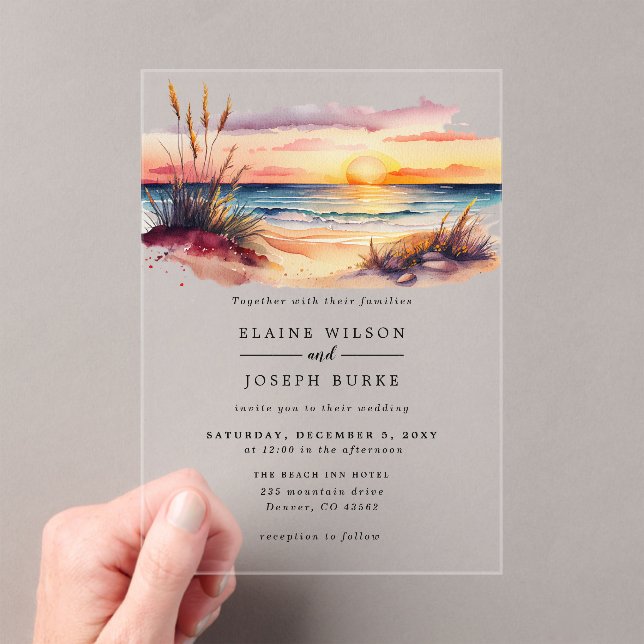 Invitations En Acrylique Russe aquarelle Sunset Beach Mariage (In situ (ordinateur de poche))