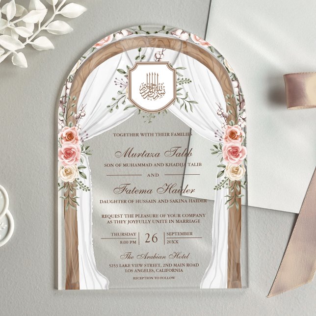 Invitations En Acrylique Russe Bois Floral Arc islamique musulman Mariage (Créateur téléchargé)