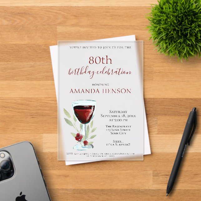 Invitations En Acrylique Rustic 80th Birthday Red Wine Surprise Birthday (Insitu (Carte d'invitation))
