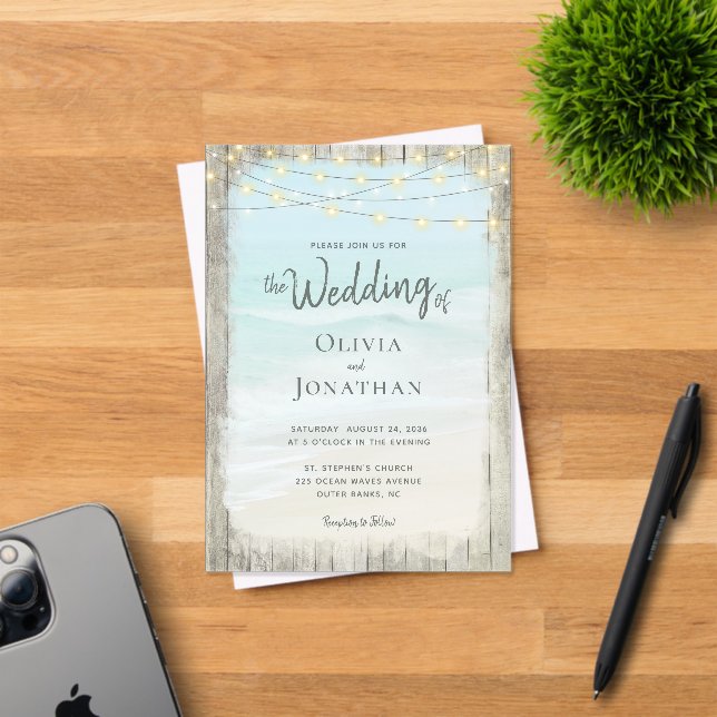 Invitations En Acrylique Rustic Beach Wood String Lights Waves Wedding (Insitu (Carte d'invitation))