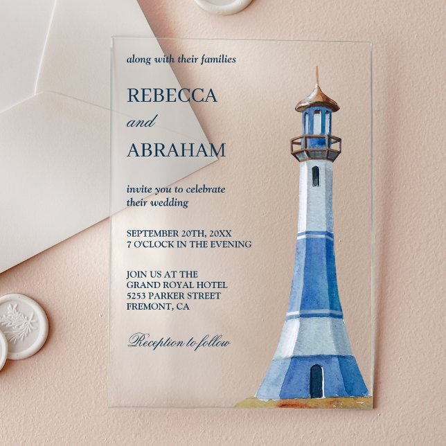 Invitations En Acrylique Rustic Blue Watercolor Lighthouse Nautical Wedding (Créateur téléchargé)