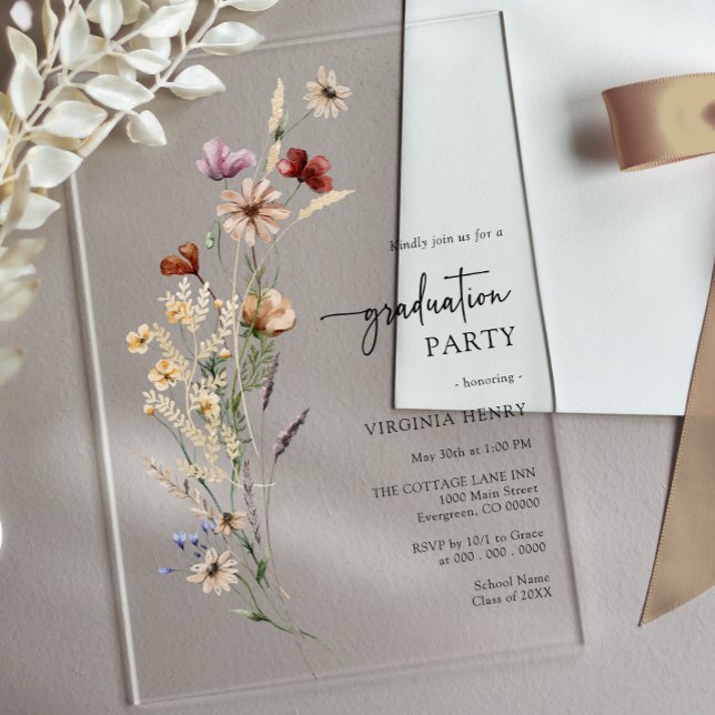 Invitations En Acrylique Rustic Boho Fleur sauvage Graduation (Rustic Boho Wildflower Graduation Party Acrylic Invitations by Painted Paperie
)