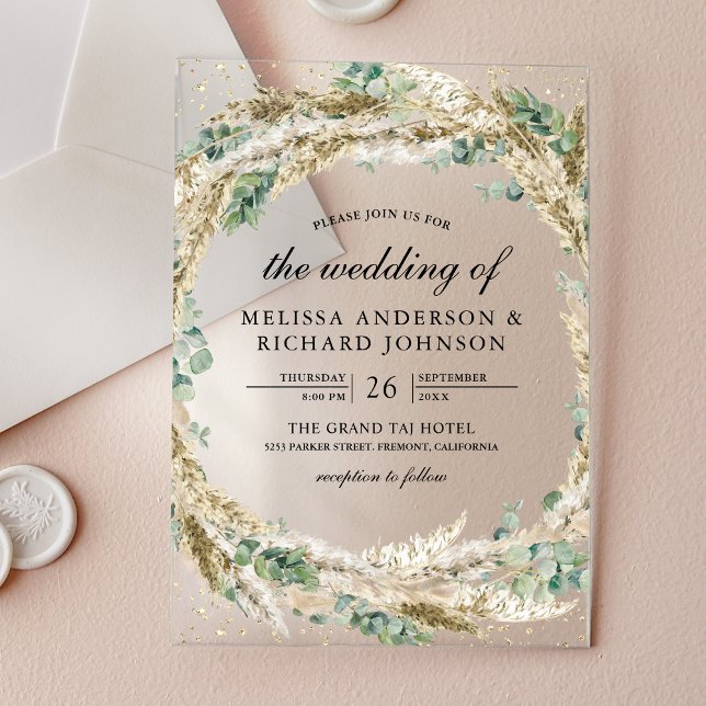 Invitations En Acrylique Rustic Boho Pampas Eucalyptus Wreath Wedding (Créateur téléchargé)