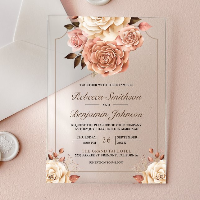 Invitations En Acrylique Rustic Boho Rose Gold Ivory Floral Wedding (Créateur téléchargé)