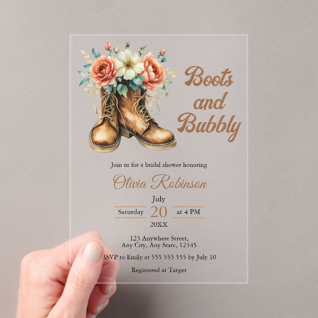 Invitations En Acrylique Rustic Boots and Bubbly Western Bridal Shower  (In situ (ordinateur de poche))