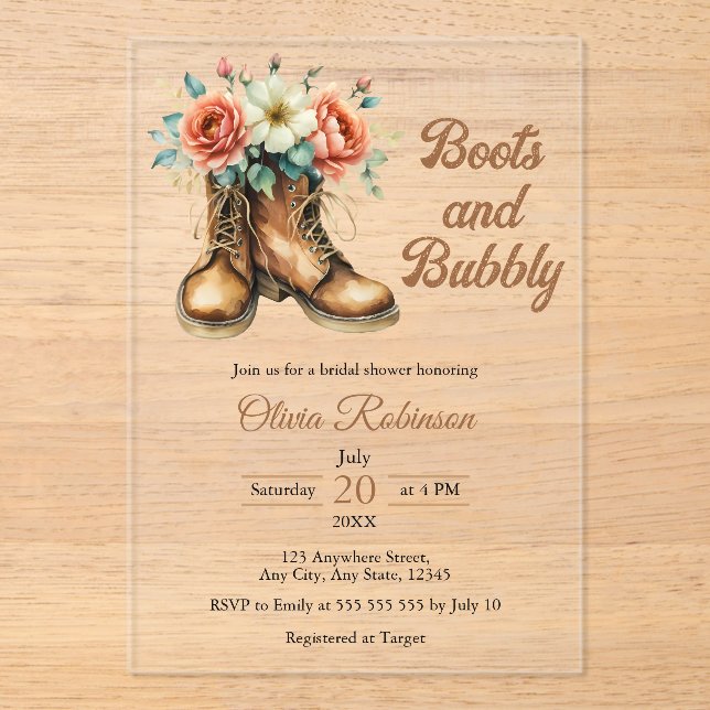 Invitations En Acrylique Rustic Boots and Bubbly Western Bridal Shower  (Recto)