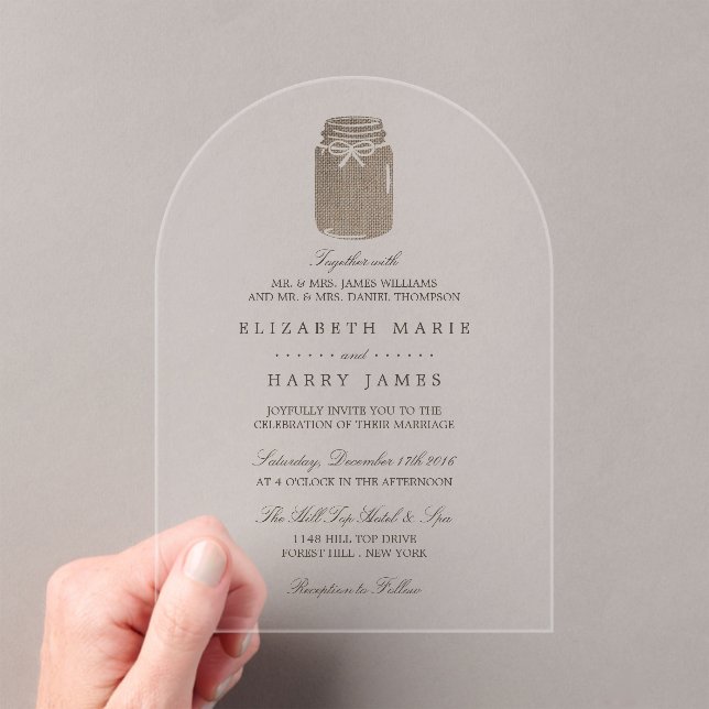 Invitations En Acrylique Rustic Burlap Mason Jar Wedding (In situ (ordinateur de poche))